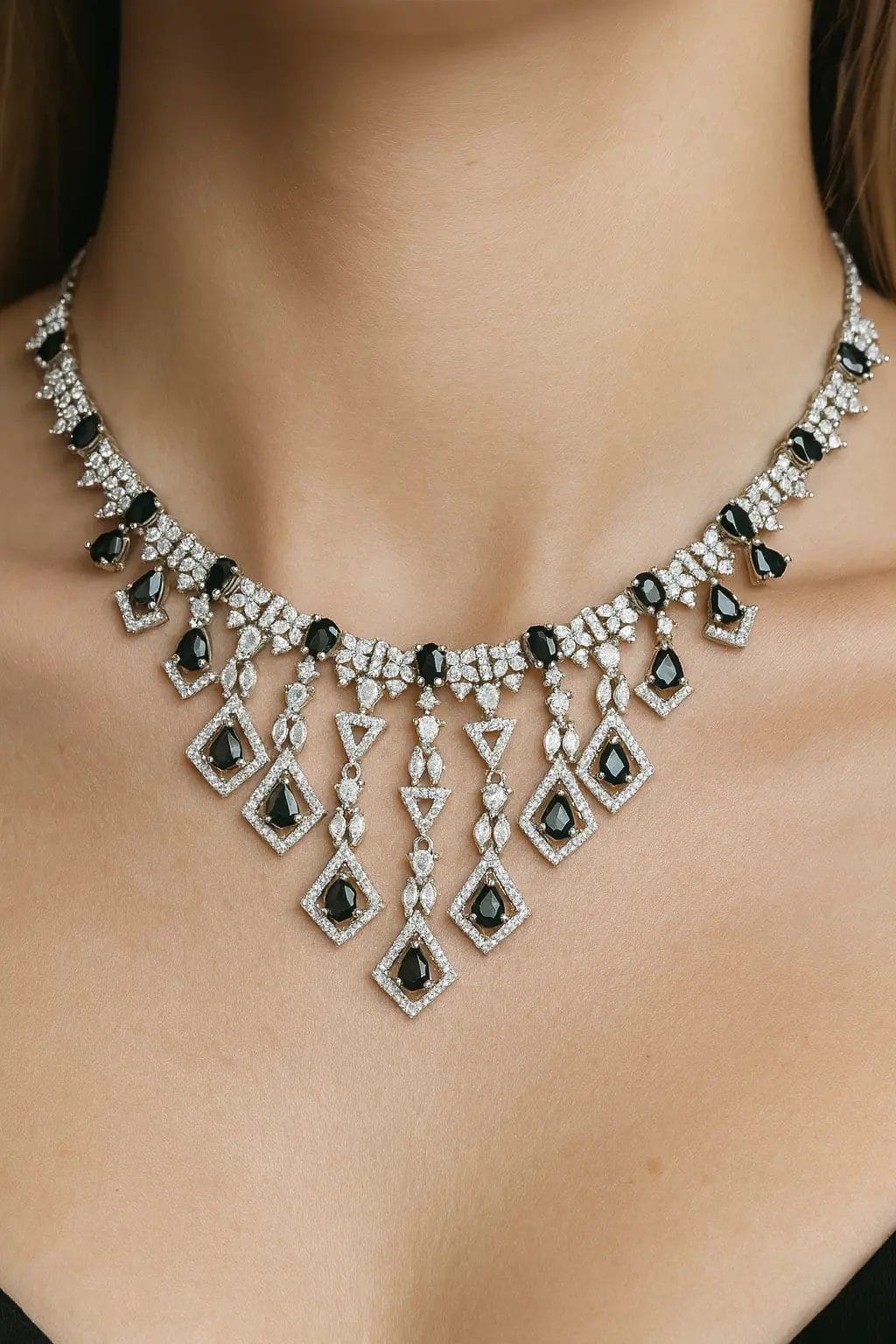 Black Onyx & American Diamond Necklace – Chandelier - Image 4