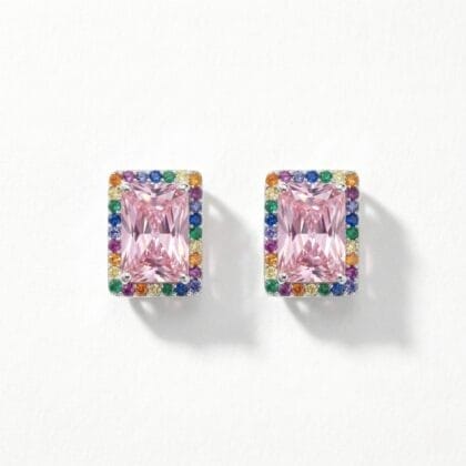 Rainbow Halo Blush Radiant-Cut Stud Earrings