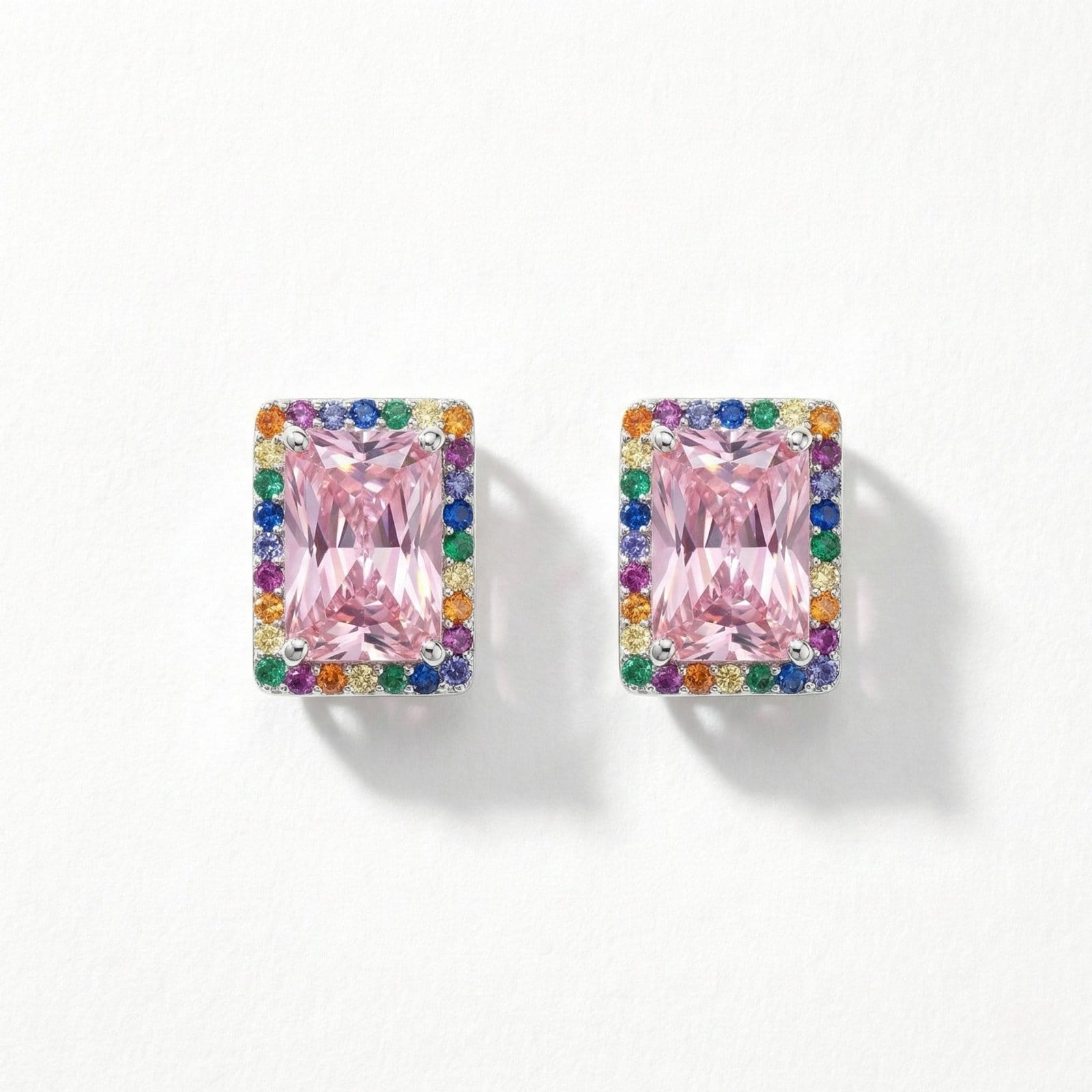 Rainbow Halo Blush Radiant-Cut Stud Earrings