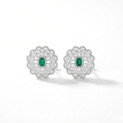 Emerald-Cut Black & Pear Halo Floral Stud Earrings